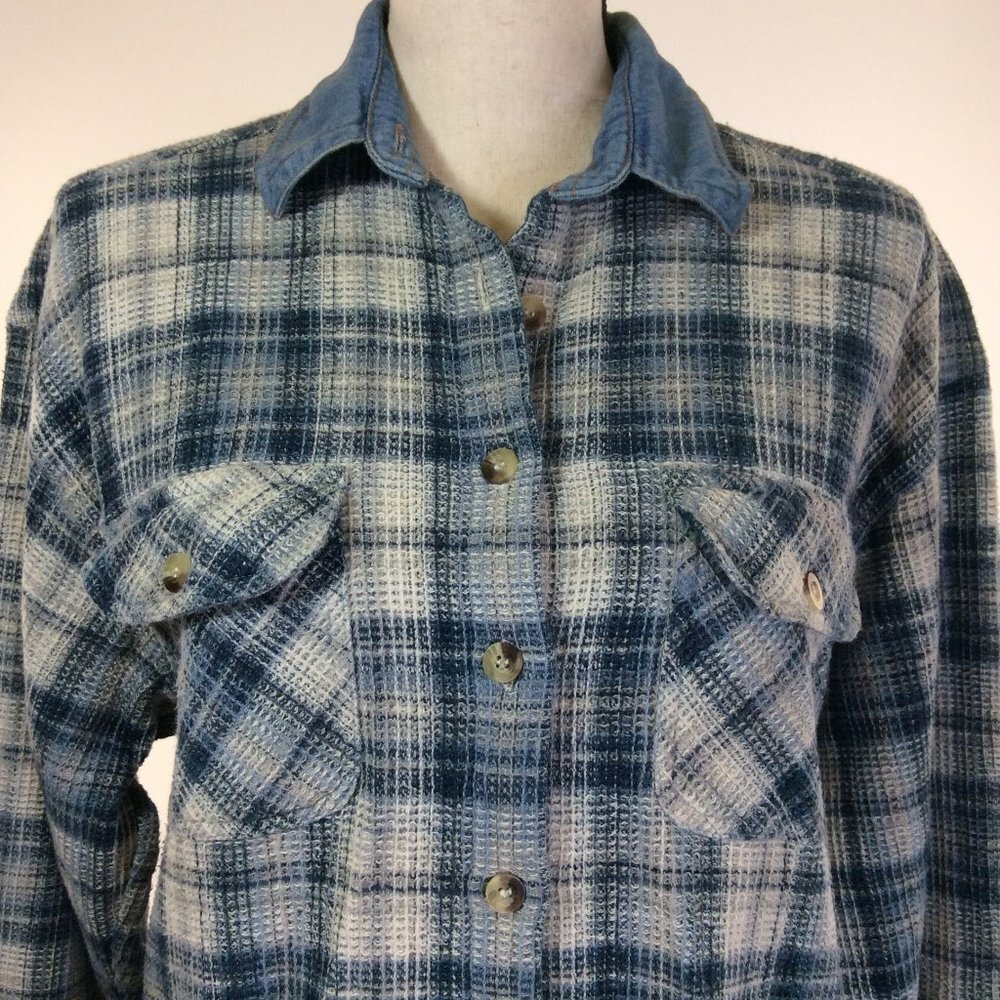 Vintage Tangibles Womens Shirt Top Size Large Blue Waffle Knit Texture